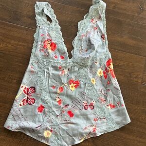 Free People Floral Lace Trim Satin Top